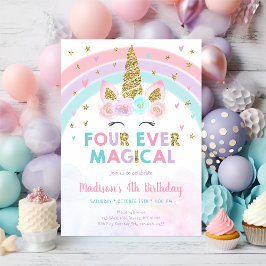 Invitación Unicornio rosa cuatro cumpleaños mágicos de la his