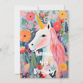 Invitación Unicornio Rosa Floral en Flor