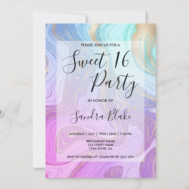 Invitación Unicornio rosa pastel mármol líquido Girly moderno (Anverso)