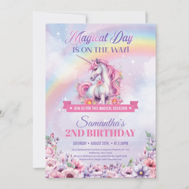 Invitación Unicornio rosa pastel y arcoiris segundo cumpleaño (Anverso)