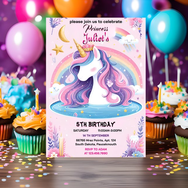 Invitación unicornio rosa púrpura lindo huésped primer cumple (Subido por el creador)