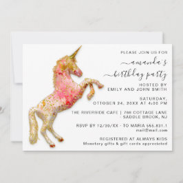 Invitación Unicornio rosa, Purpurina de oro de la corona real