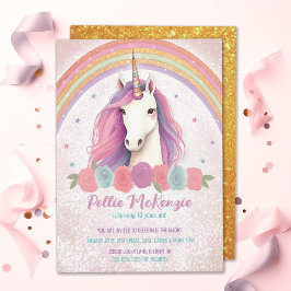 Invitación Unicornio rosa único, Rosas, fiesta de cumpleaños 