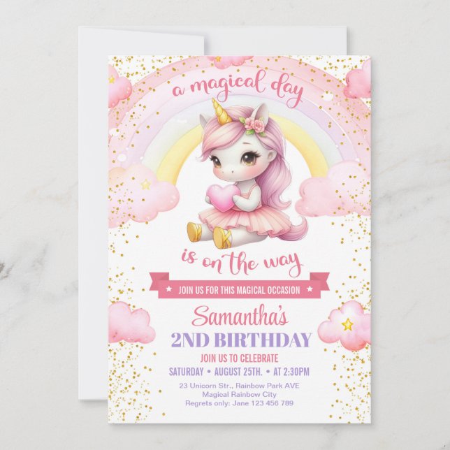 Invitación Unicornio rosa y dorado con corazón de primer cump (Anverso)