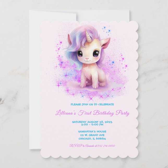 Invitación Unicornio rosa y morado personalizado del primer c (Anverso)