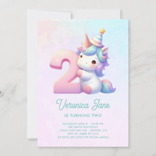 Invitación Unicornio rosa y verde cumpleaños 2 años
