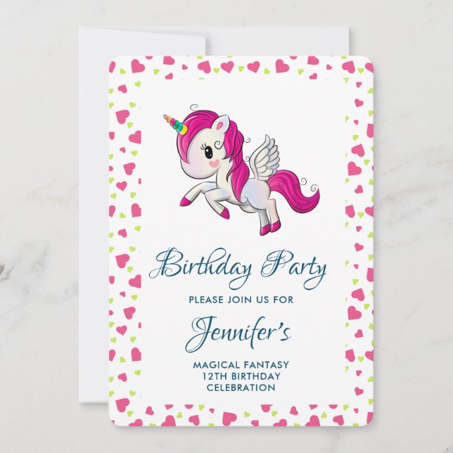 Invitación Unicornio rosado con alas Cumpleaños (Anverso)