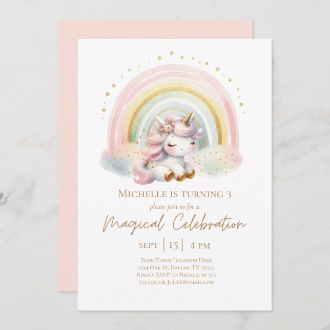 Invitación Unicornio rosado con cumpleaños arcoiris (Anverso / Reverso)