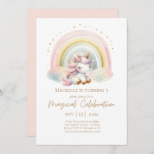 Unicornio rosado con cumpleaños arcoiris