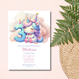 Invitación Unicornio Tercer Tercer Día del Chica Púrpura Azul