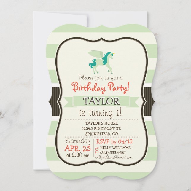Invitación Unicornio verde claro y verde azulado (Anverso)