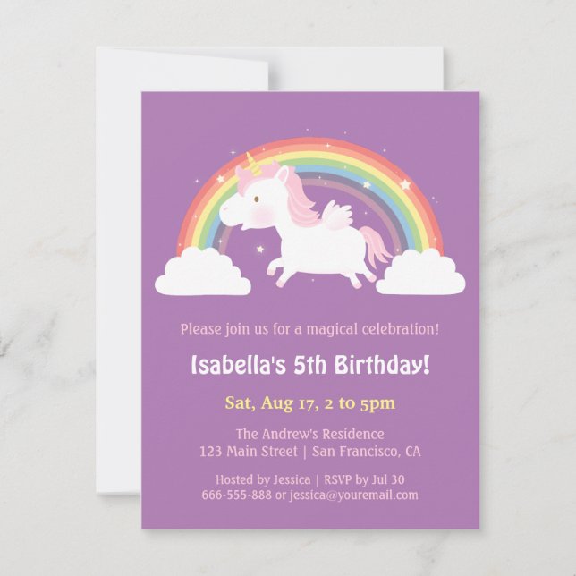 Invitación Unicornio volando sobre la fiesta de cumpleaños de (Anverso)