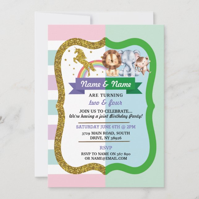 Invitación Unicornio y Animales Conjuntos de 2 Niños Cumpleañ (Anverso)