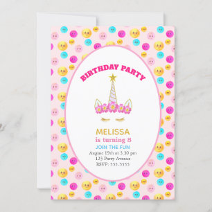 Invitación Unicornio y caras felices en la fiesta de cumpleañ