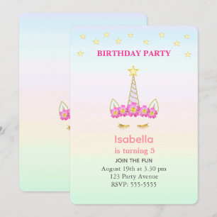 Invitación Unicornio y estrellas sobre el cumpleaños del Chic
