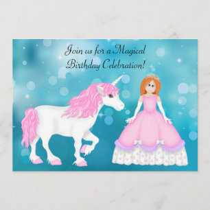 Invitación Unicornio y princesa con cumpleaños rojo del pelo
