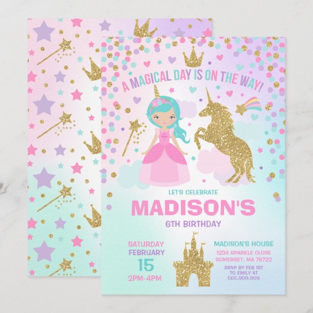 Invitación Unicornio y princesa Invitation Magical Birthday (Anverso / Reverso)