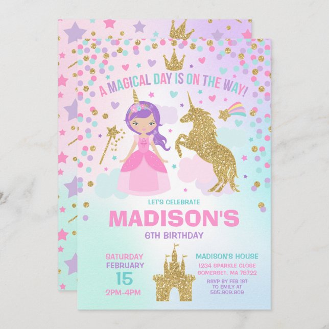 Invitación Unicornio y princesa Invitation Magical Birthday (Anverso / Reverso)