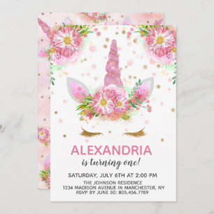 Invitación Unicornios en cumpleaños en flor