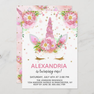 Invitación Unicornios en cumpleaños en flor