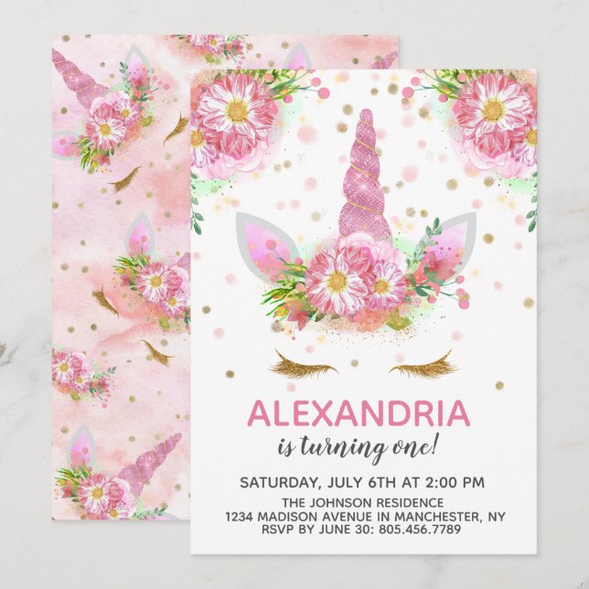 Invitación Unicornios en Flor Cumpleaños (Anverso / Reverso)
