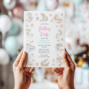 Invitación Unicornios Mágicos Acuarela Cumpleaños Cualquier E