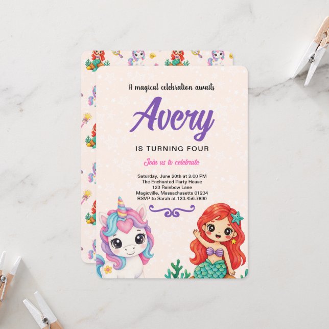Invitación Unicornios Mágicos & Sirenas (Anverso/Reverso In Situ)