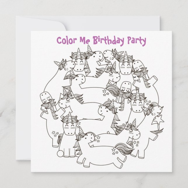 Invitación *~* Unicornios Personalizable COLOR ME Cumpleaños (Anverso)
