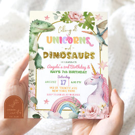 Invitación Unicornios y dinosaurios Cumpleaños Conjunta de lo