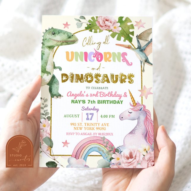 Invitación Unicornios y dinosaurios Cumpleaños Conjunta de lo (Subido por el creador)