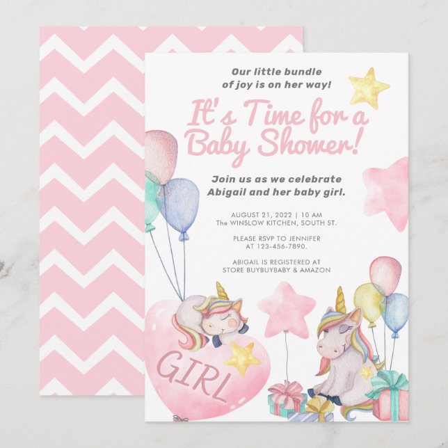 Invitación Unicornios y globos rosados - Baby Shower Chica li (Anverso / Reverso)