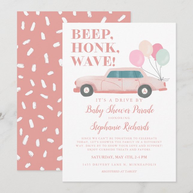 Invitación Unidad Chica Por Automóvil Rosa De Baby Shower (Anverso / Reverso)