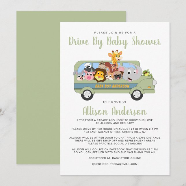 Invitación Unidad Cuidada De Baby Shower Animal Safari Bus Gr (Anverso / Reverso)