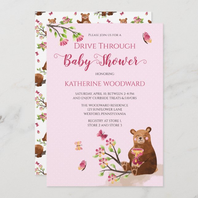 Invitación Unidad Cuidada De Oso De Miel A Través De Baby Sho (Anverso / Reverso)