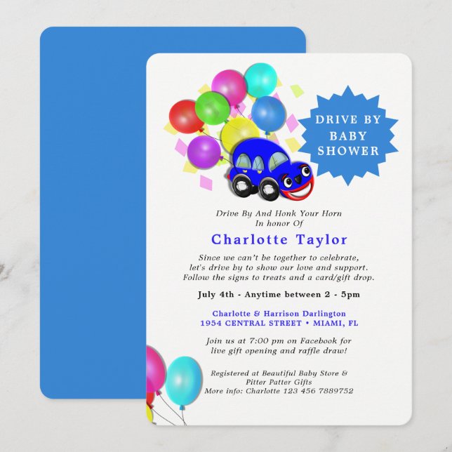 Invitación Unidad De Baby Shower Cute Car Blue Baby Boy (Anverso / Reverso)