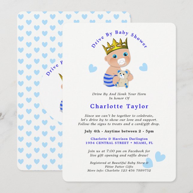 Invitación Unidad De Baby Shower Cute Prince Blue Baby Boy In (Anverso / Reverso)