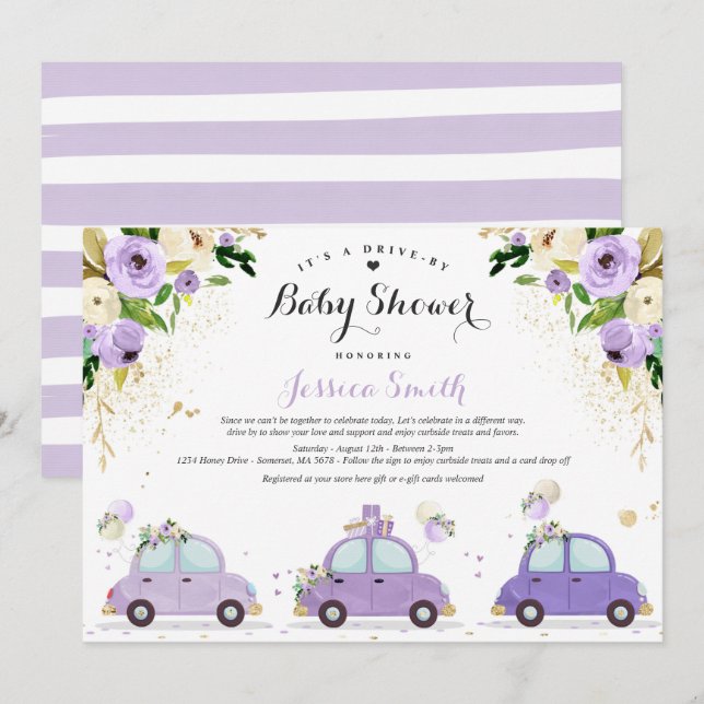 Invitación Unidad De Baby Shower Lilac Gold Floral Baby Showe (Anverso / Reverso)