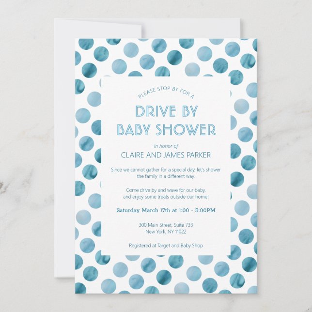 Invitación Unidad De Punto De Polka Azul De Acuarela Por Baby (Anverso)
