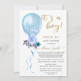 Invitación Unidad de Purpurina Floral Balloon Blue Baby Showe