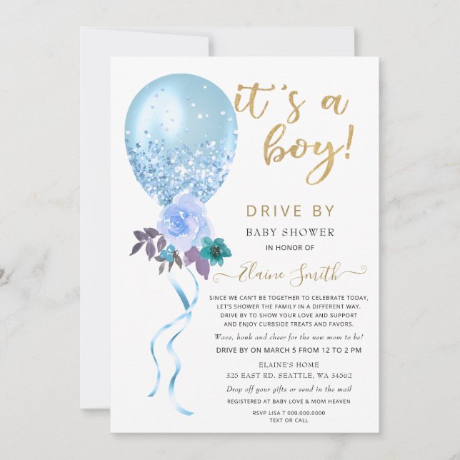 Invitación Unidad de Purpurina Floral Balloon Blue Baby Showe (Anverso)