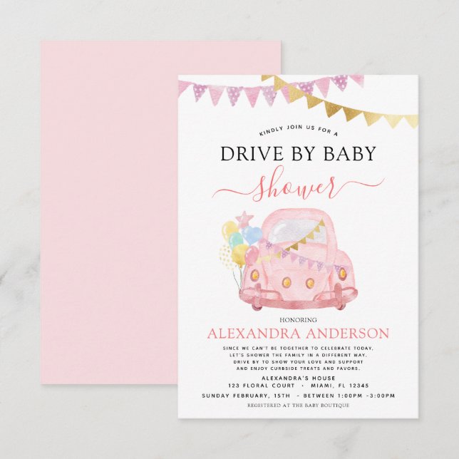 Invitación Unidad De Relieve metalizado dorado Rosado De Baby (Anverso / Reverso)