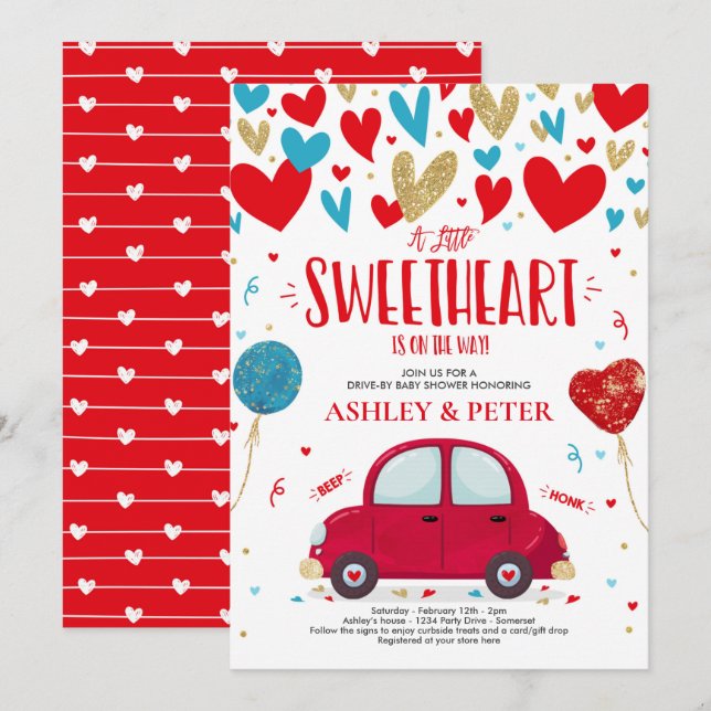 Invitación Unidad De Valentine Baby Shower SCariño Azul Rojo (Anverso / Reverso)