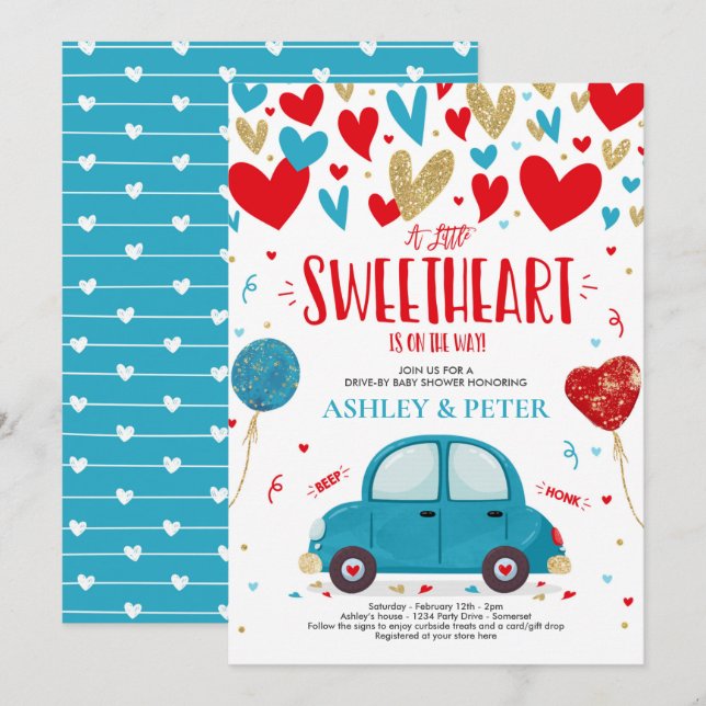 Invitación Unidad De Valentine Baby Shower SCariño Azul Rojo (Anverso / Reverso)