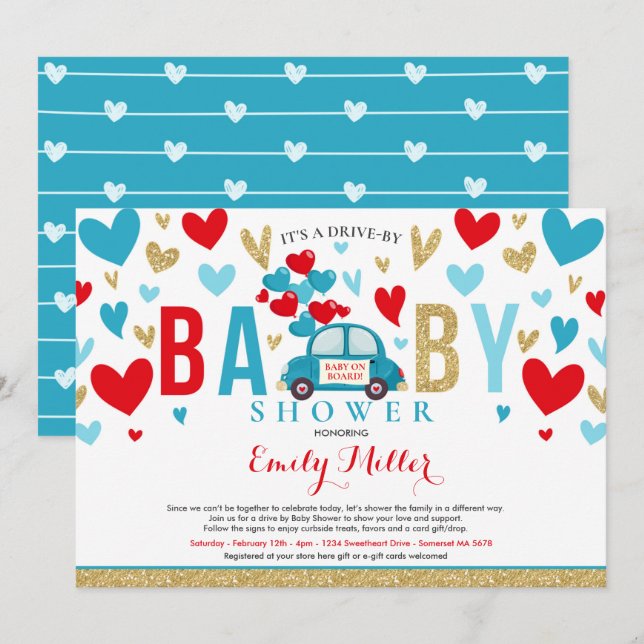 Invitación Unidad De Valentine Baby Shower SCariño Azul Rojo (Anverso / Reverso)