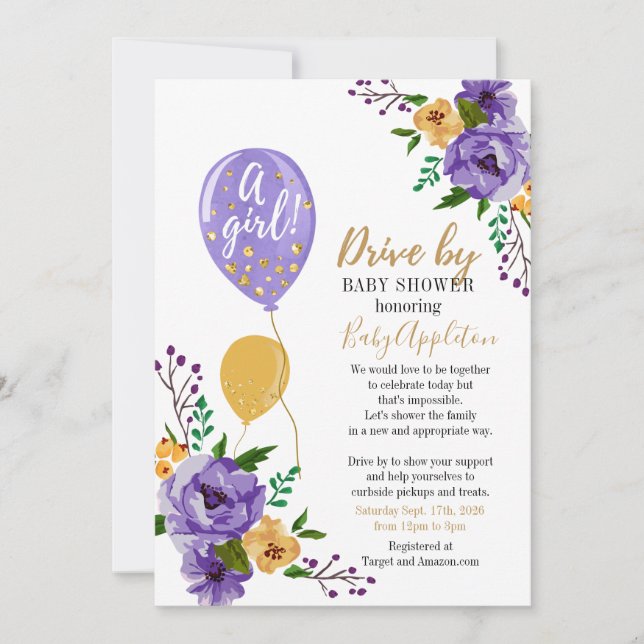 Invitación Unidad floral morada y dorada por Baby Shower (Anverso)