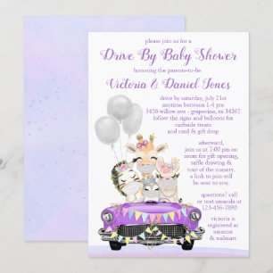 Invitación Unidad morada de Baby Shower corta animales en aut