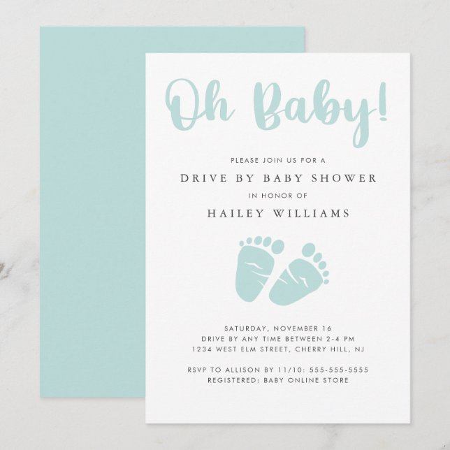 Invitación Unidad por Baby Shower | Oh Baby Baby Pies Mint (Anverso / Reverso)