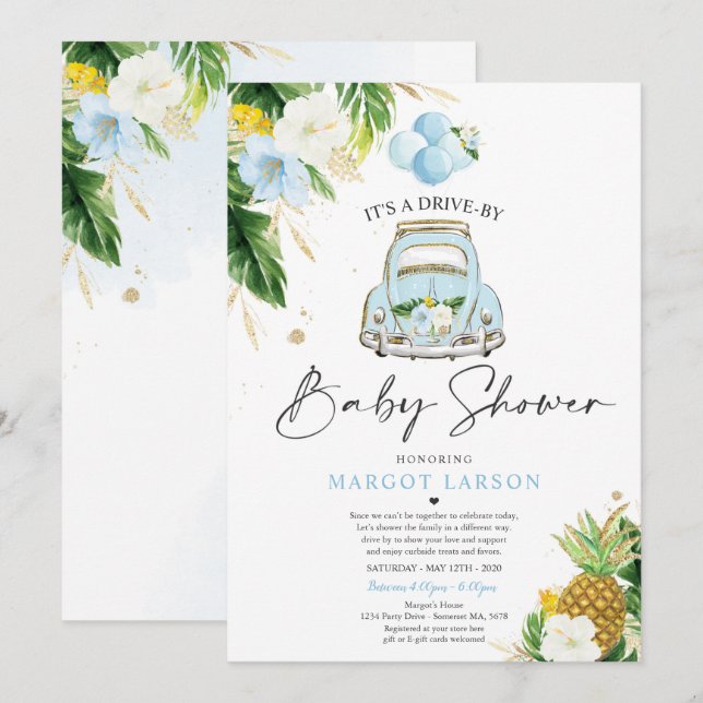Invitación Unidad Tropical De Baby Shower Pineapple Drive A T (Anverso / Reverso)