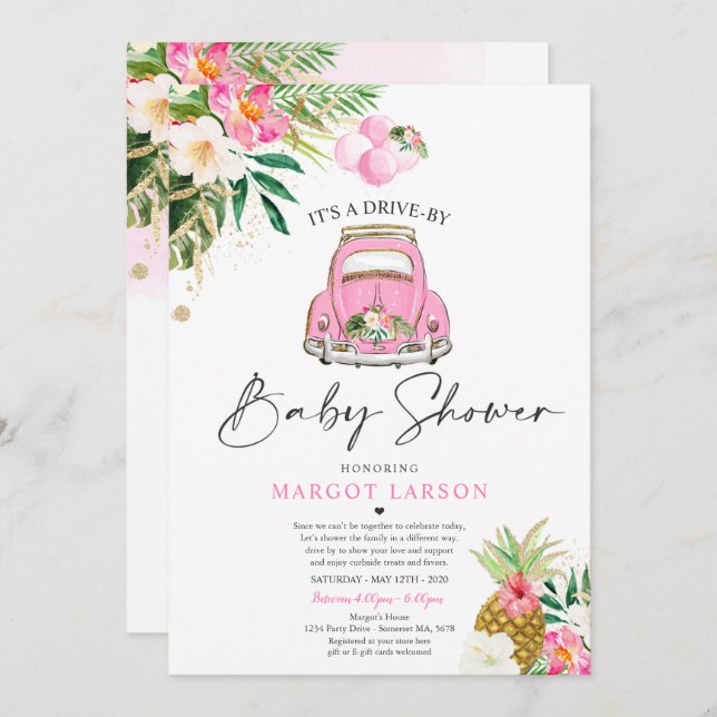 Invitación Unidad Tropical De Baby Shower Pineapple Drive A T (Anverso / Reverso)
