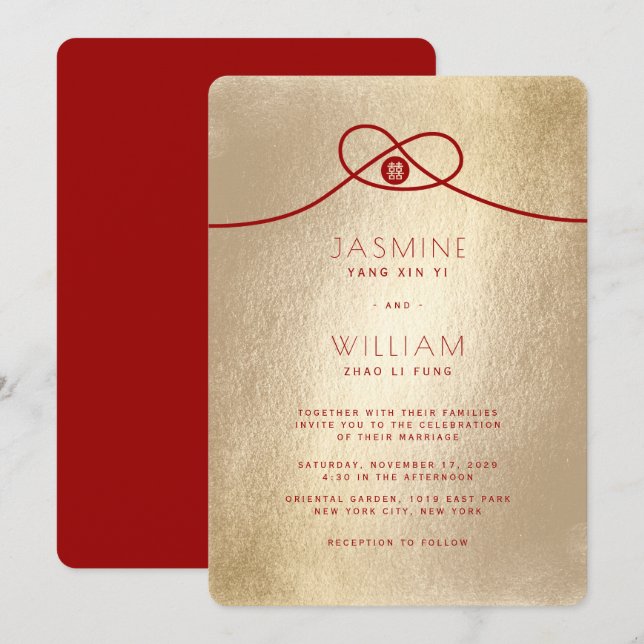 Invitación Unión de nudos rojos doble felicidad Boda chino (Anverso / Reverso)